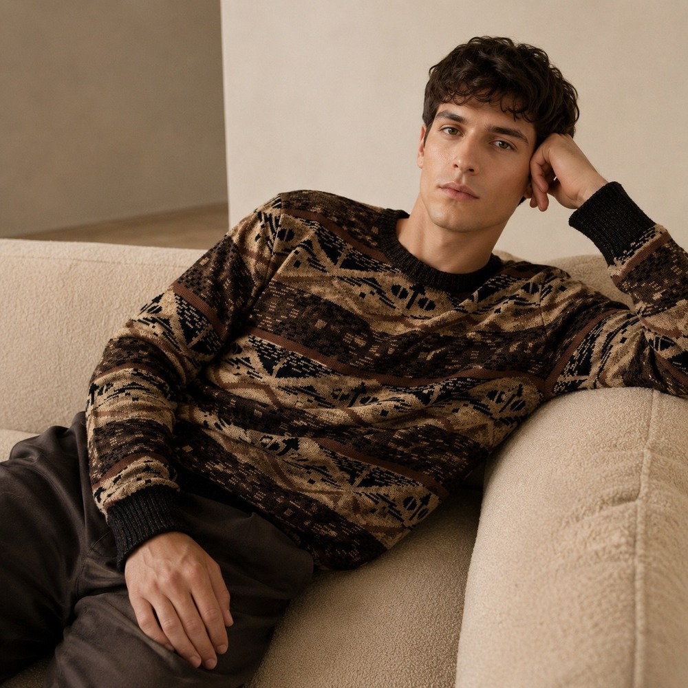 Cotton On Garments Mens Brown Geometric Jacquard Knit Crewneck Sweater